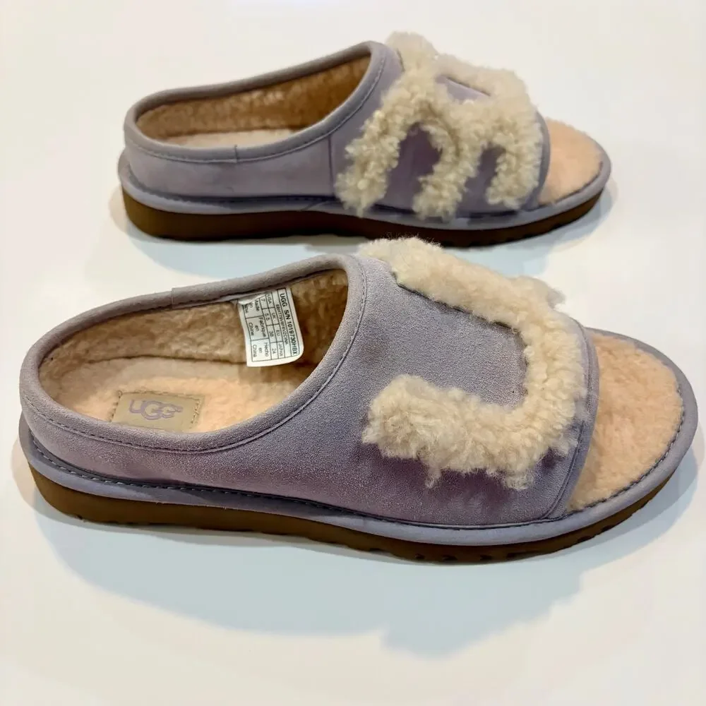 UGG Women’s Suede Shearling Slide Sandals Purple Cream Size 7 EUC Small Spots